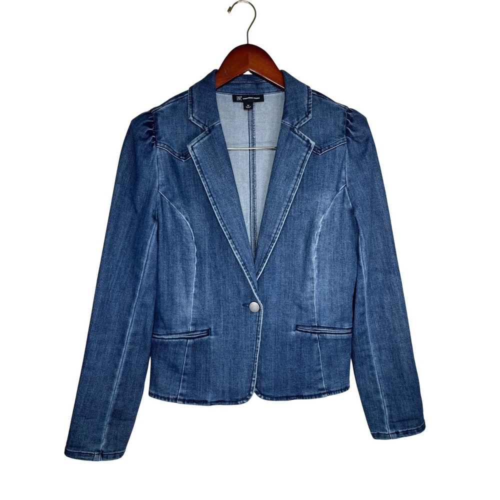 INC Denim Blazer Womens M Blue Puff Shoulder Stretch Single Button Smart Casual